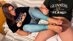 Footjob With My Stepmom's Filled With Oil! Big Cumshot -