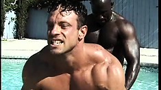 Two horny black playboys take turns on a white hunk's firm butt