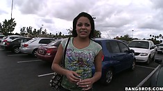Two horny guys driving the Bang Bus and looking for newbies to fuck find an ebony in the parking lot